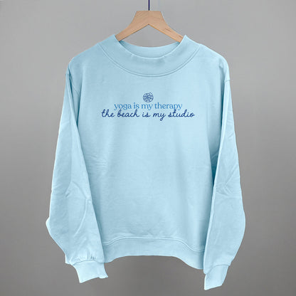 The Beach Is My Yoga Studio graphic French terry mockneck in Nantucket Breeze