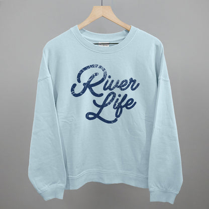 River Life (Distressed Script) Funny Oversized Boxy Crewneck Sweatshirt in Nantucket Breeze – Ivy + Cloth