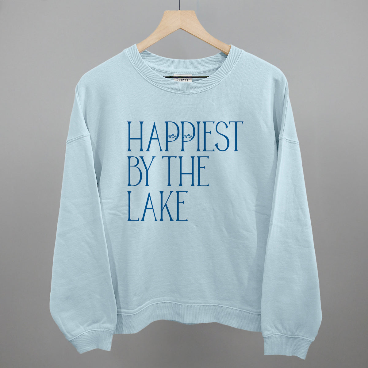 Happiest By The Lake graphic oversized boxy crew in Nantucket Breeze