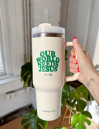 Elevated Faith Tumbler with 'Our World Needs Jesus' Design, Ideal for Christian Gifts