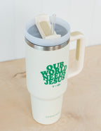 Elevated Faith Tumbler featuring 'Our World Needs Jesus' design, a perfect choice for Christian gifts