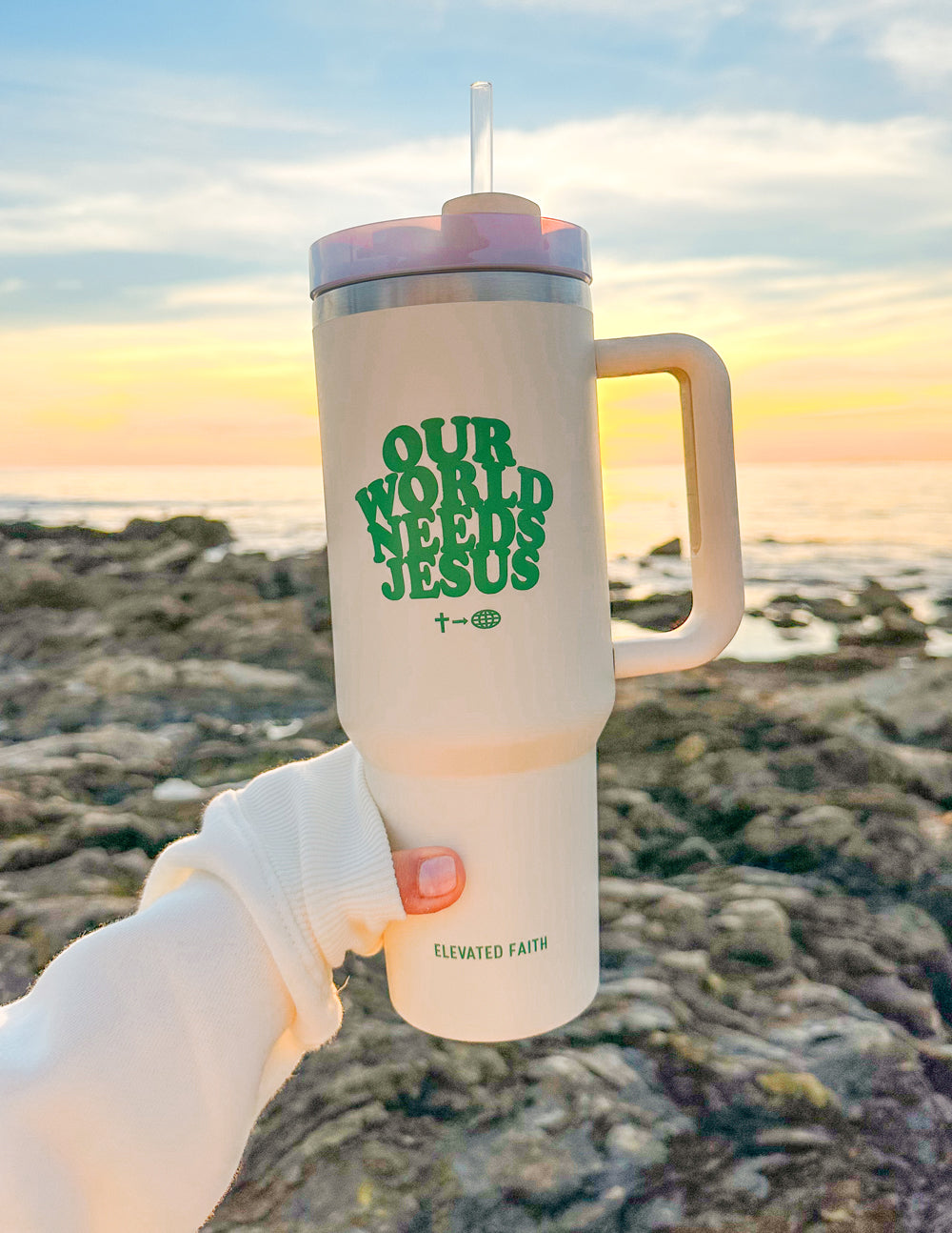 Elevated Faith Tumbler with 'Our World Needs Jesus' design, ideal for Christian gifts enthusiasts