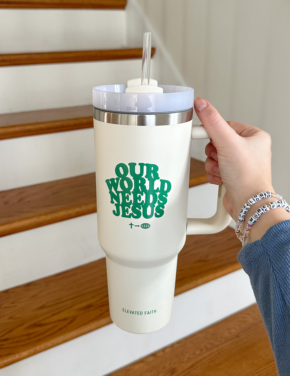 Elevated Faith Tumbler with 'Our World Needs Jesus' Design for Christian Gifts