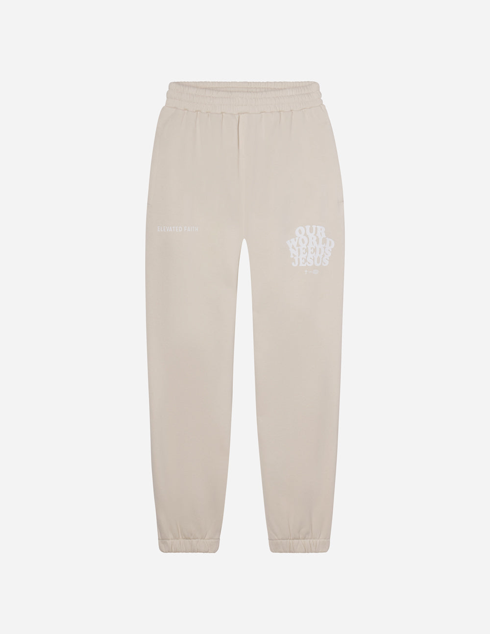 Elevated Faith Sweatpants in Beige featuring Christian Apparel graphic design on the leg