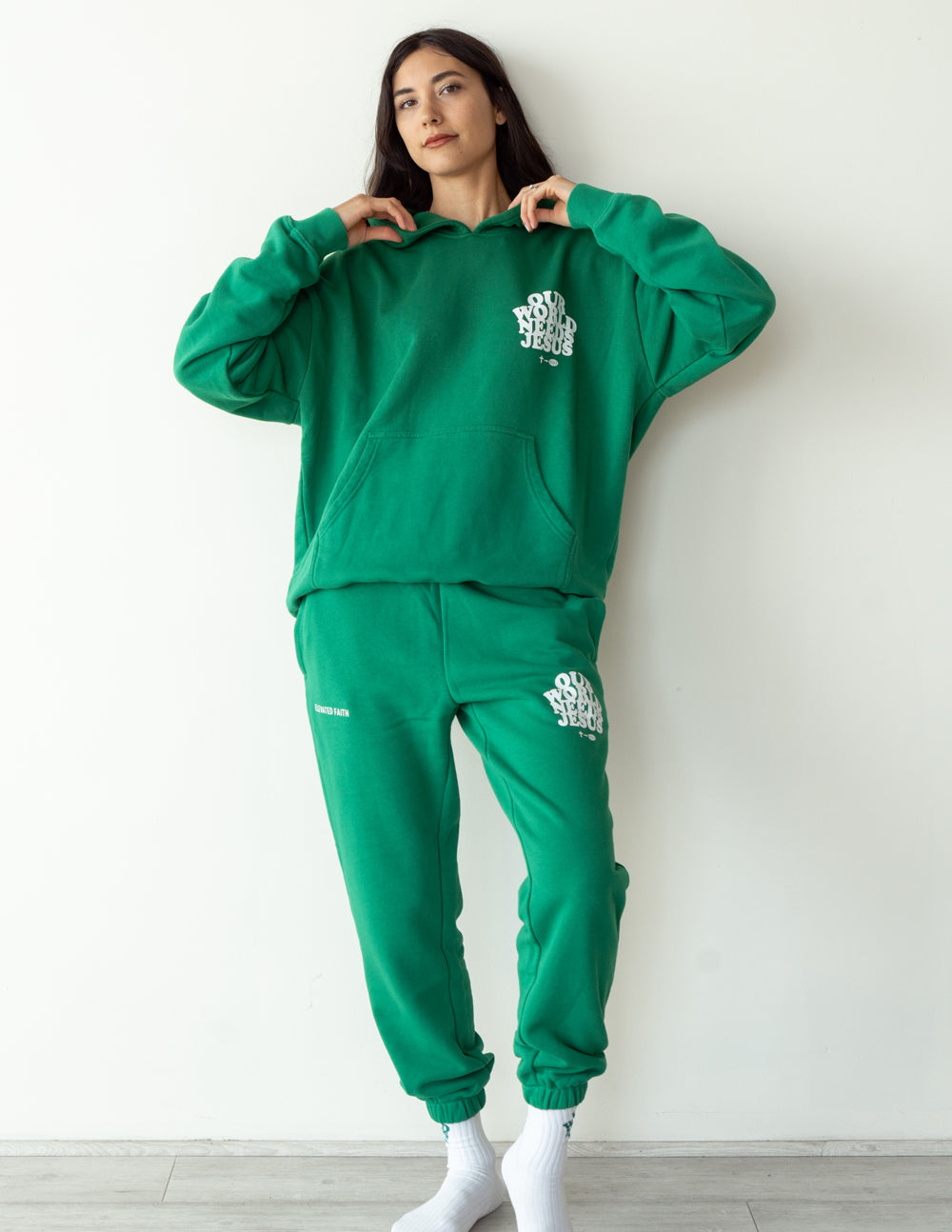 Green Elevated Faith Sweatpants featuring a stylish design, perfect for comfortable Christian Apparel.