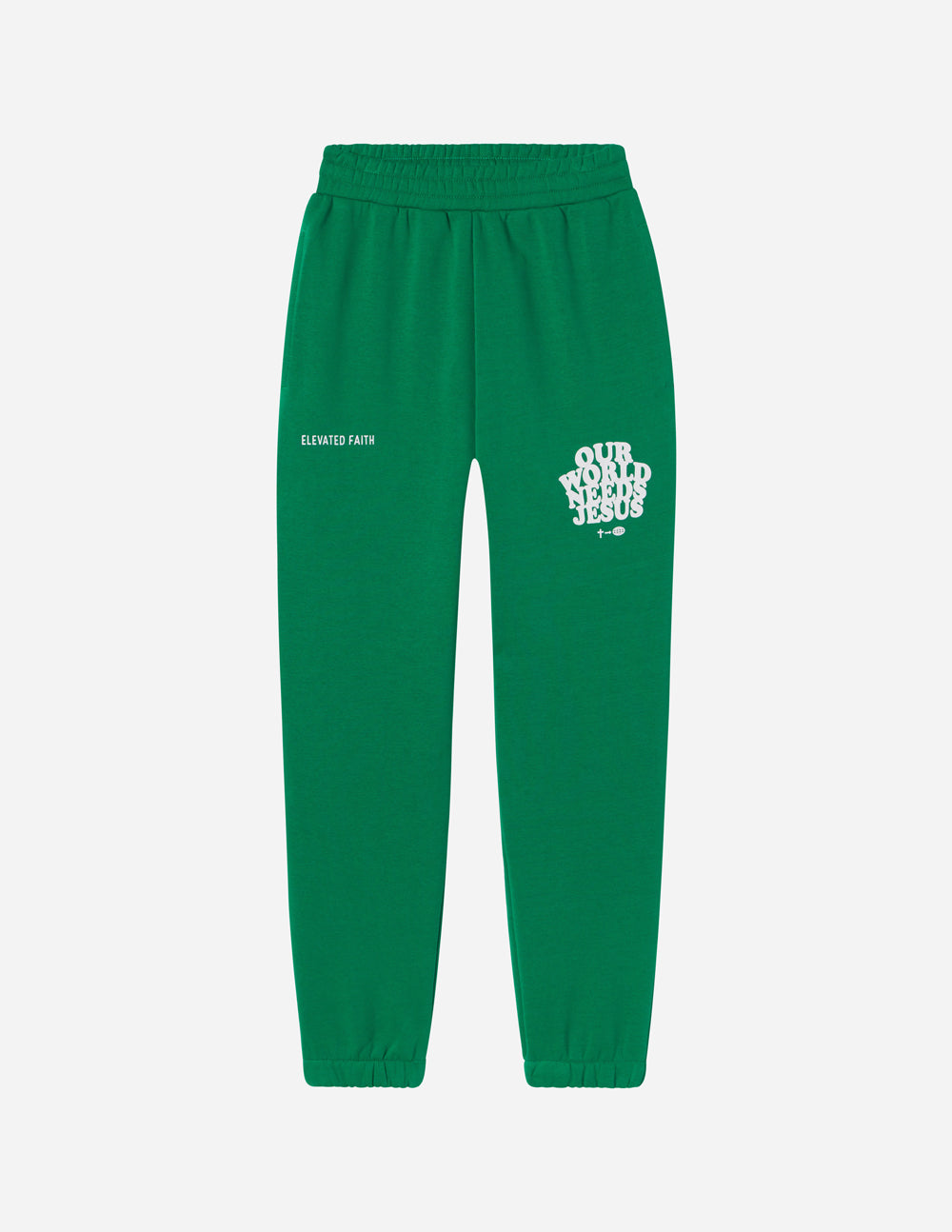 Green Elevated Faith Sweatpants featuring 'Our World Needs Jesus' graphic, perfect for Christian Apparel