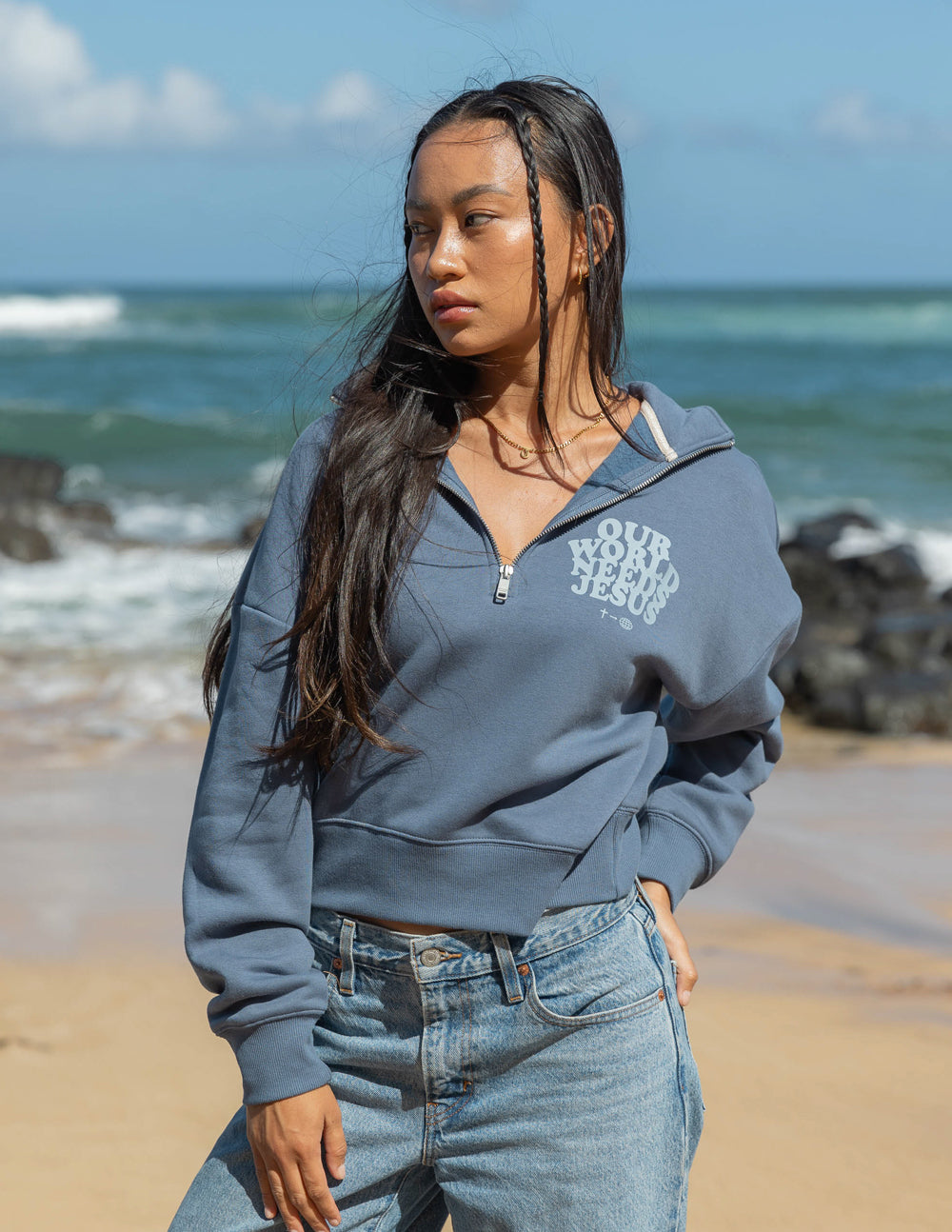 Elevated Faith Christian Jacket in gray with zip-up style and inspirational text on the front