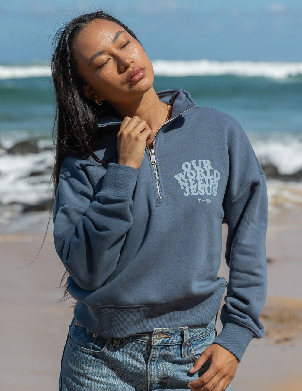 Elevated Faith Christian Jacket in blue with zip-up collar and inspirational text design