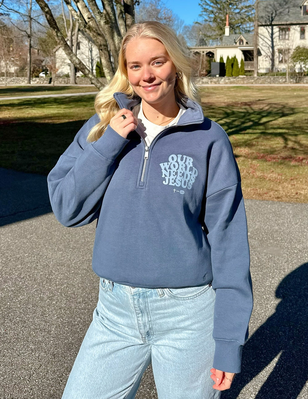 Elevated Faith Christian Jacket in navy with 'Our World Needs Jesus' graphic design