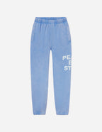 Light blue elevated faith sweatpants featuring the phrase Peace Be Still, ideal for Christian Apparel