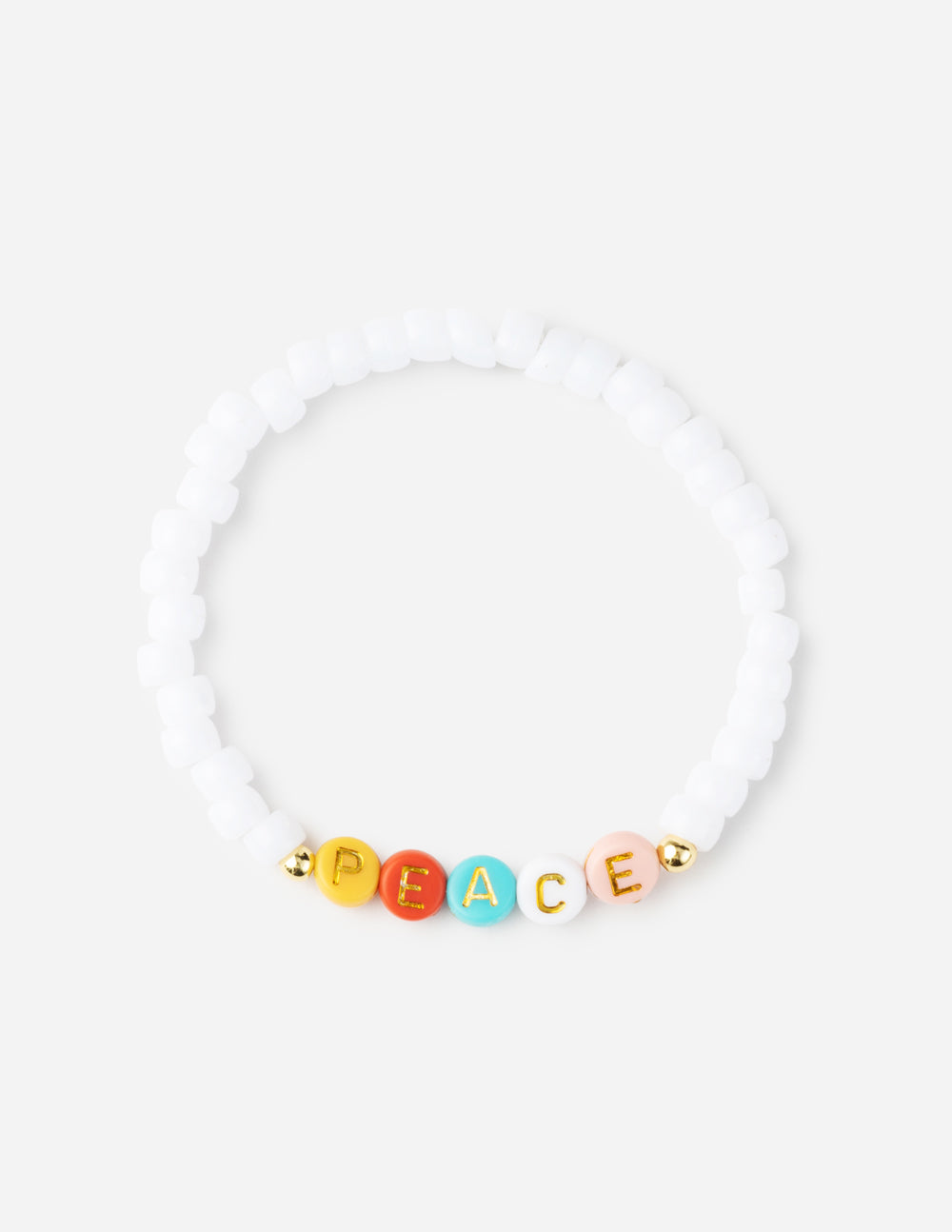 Elevated Faith Christian Jewelry Bracelet with colorful beads spelling peace on a white elastic band