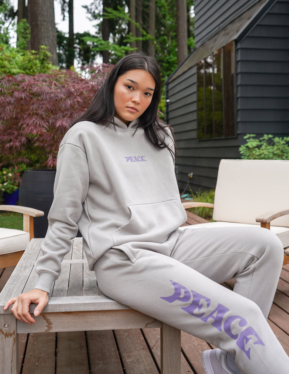 Elevated Faith gray sweatpants featuring PEACE text, perfect for stylish Christian Apparel