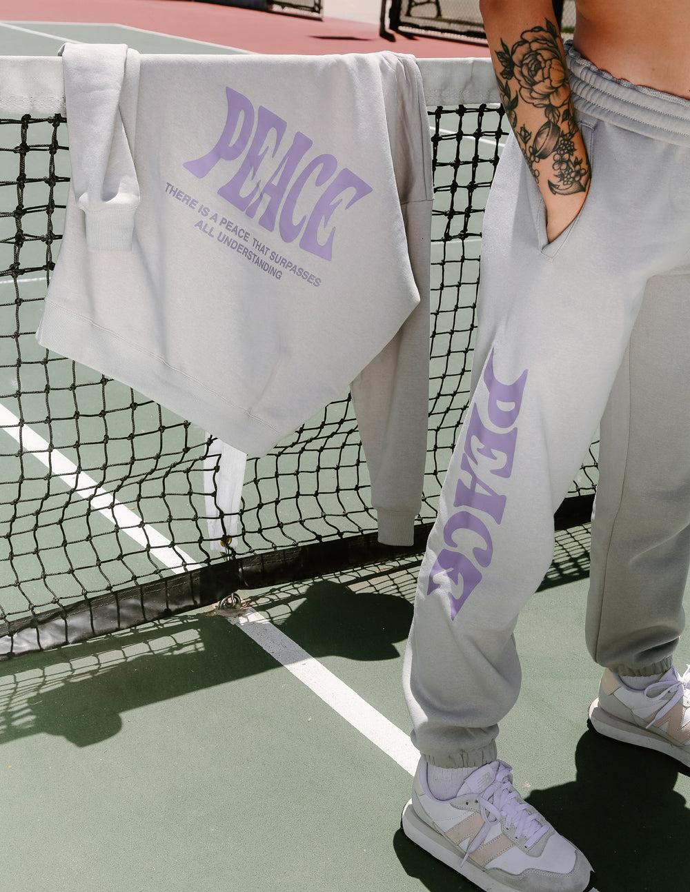 Elevated Faith sweatpants in grey featuring Peace print, part of Christian Apparel collection