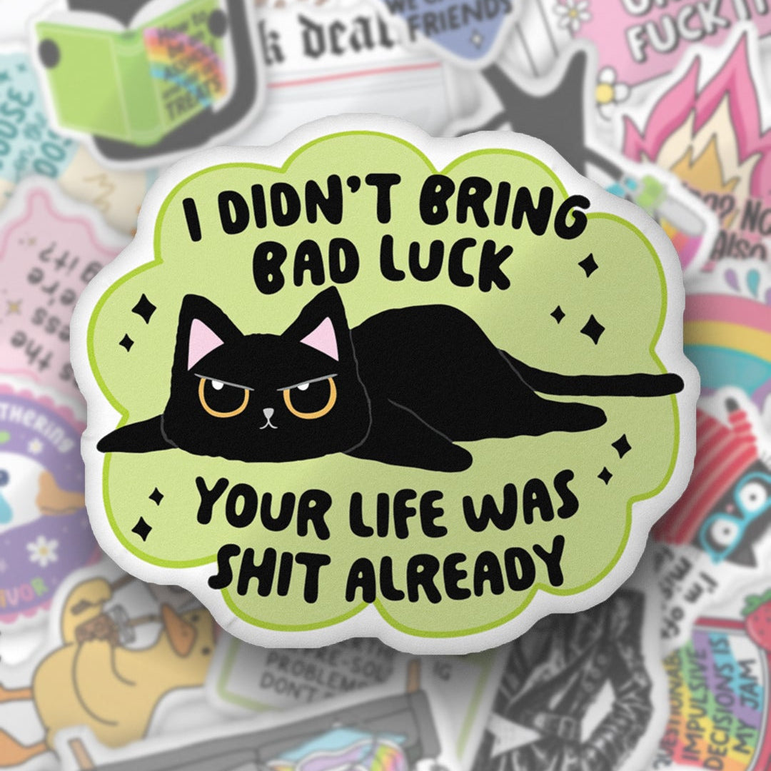 Custom-shaped pillow with black cat on light green, text: 'I DON'T BRING BAD LUCK'
