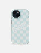 Elevated Faith Christian iPhone Case with light blue checkered design and 'praise' text