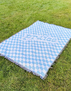 Elevated Faith Blue and White Checkered Blanket with 'Praise' Text, Perfect for Christian Gifts