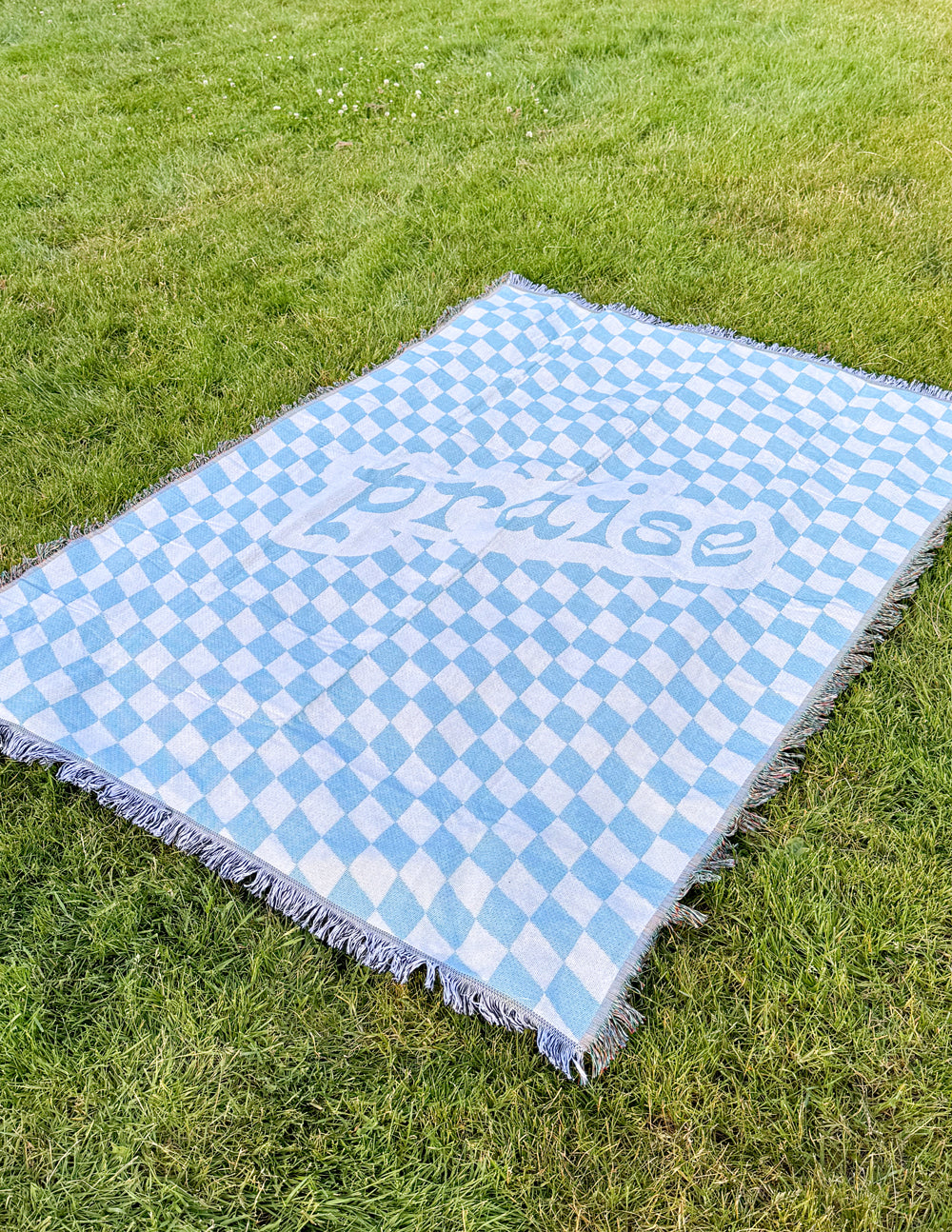 Elevated Faith Blue and White Checkered Blanket with 'Praise' Text, Perfect for Christian Gifts