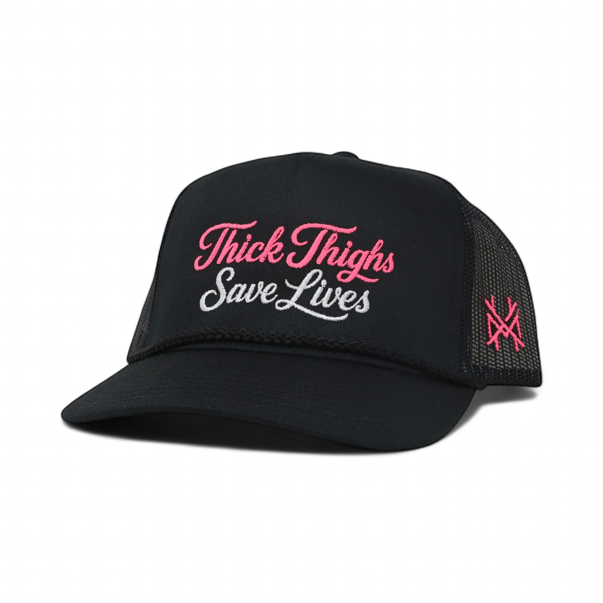 Thick Thighs Save Lives Funny Embroidered Snapback Hat in Retro Black with Black Rope Mesh – Ivy + Cloth