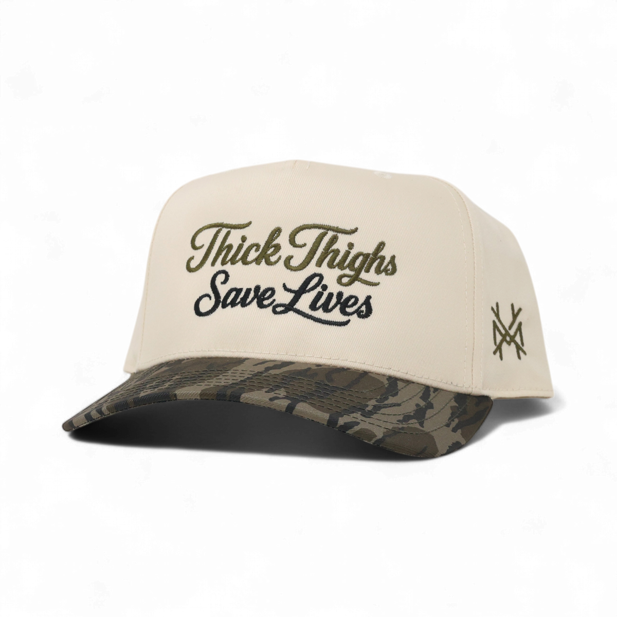 Thick Thighs Save Lives Funny Embroidered Snapback Hat in Retro Mossy Oak Bottomland/Natural – Ivy + Cloth