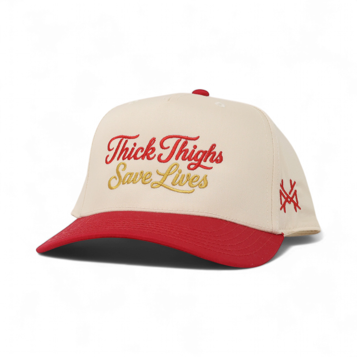 Thick Thighs Save Lives Funny Embroidered Snapback Hat in Retro Red/Natural – Ivy + Cloth