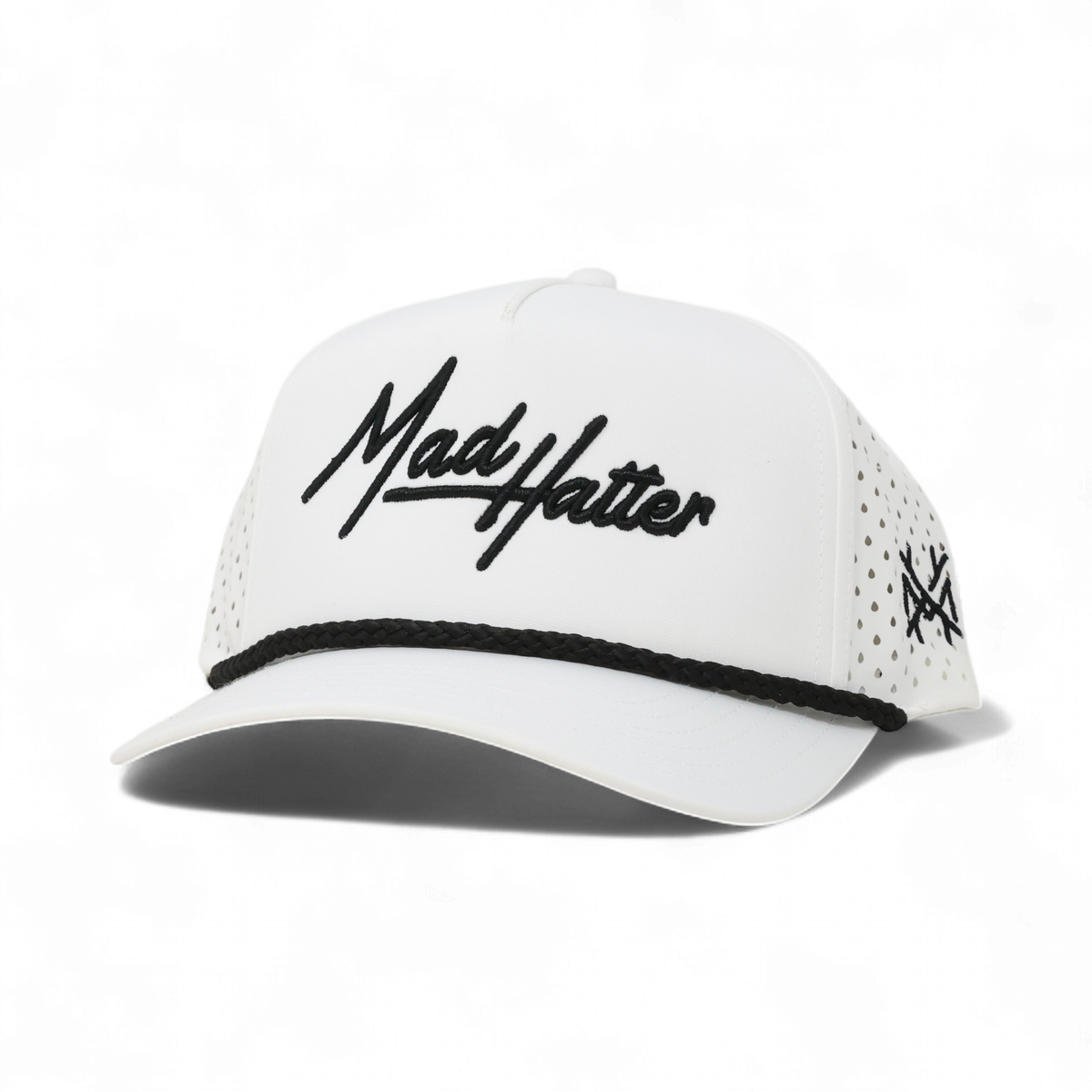 The Mad Hatter Co. Legacy Funny Embroidered Trucker Hat in Retro Performance White with Black Rope – Ivy + Cloth