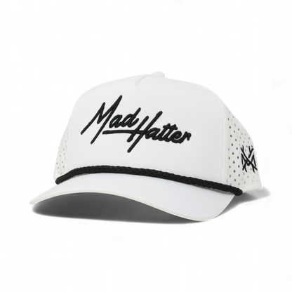 The Mad Hatter Co. Legacy Funny Embroidered Trucker Hat in Retro Performance White with Black Rope – Ivy + Cloth