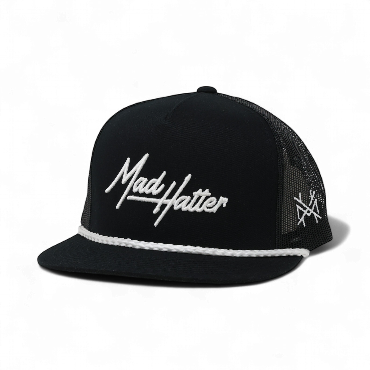 The Mad Hatter Co. Legacy Funny Embroidered Trucker Hat in Flat Bill Black with White Rope – Ivy + Cloth