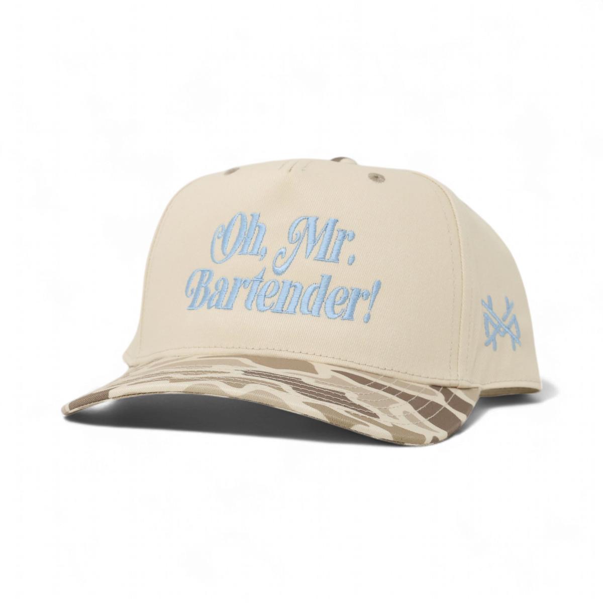 Mr. Bartender Funny Embroidered Trucker Hat in Retro Field Camo/Natural with Light Blue Thread – Ivy + Cloth