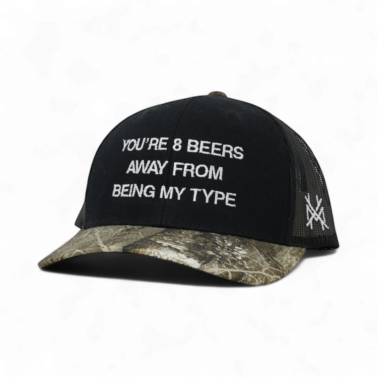8 Beers Funny Embroidered Trucker Hat in Trucker Black/Edge Camo – Ivy + Cloth