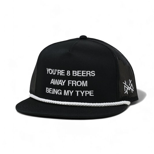 8 Beers Funny Embroidered Trucker Hat in Flat Bill Black with White Rope – Ivy + Cloth