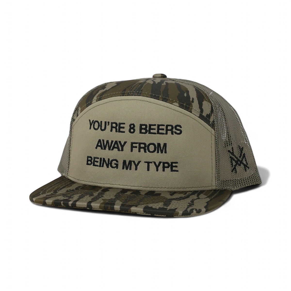 8 Beers Funny Embroidered Trucker Hat in 7 Panel Bottomland/Loden – Ivy + Cloth