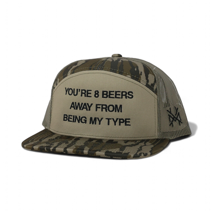 8 Beers Funny Embroidered Trucker Hat in 7 Panel Bottomland/Loden – Ivy + Cloth