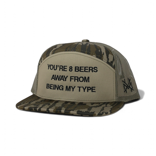8 Beers Funny Embroidered Trucker Hat in 7 Panel Bottomland/Loden – Ivy + Cloth