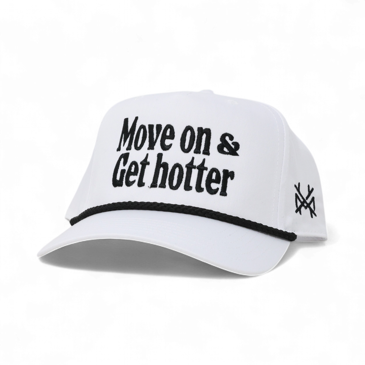 Move On Get Hotter Funny Embroidered Trucker Hat in Retro White with Black Rope – Ivy + Cloth