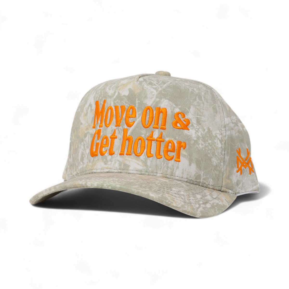 Move On Get Hotter Funny Embroidered Trucker Hat in Retro Full Light Camo – Ivy + Cloth