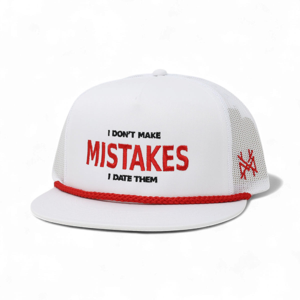 I Don't Make Mistakes I Date Them Funny Embroidered Trucker Hat in Flat Bill White with Red Rope – Ivy + Cloth