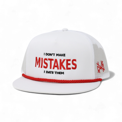 I Don't Make Mistakes I Date Them Funny Embroidered Trucker Hat in Flat Bill White with Red Rope – Ivy + Cloth