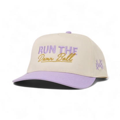Run The Ball Funny Embroidered Trucker Hat in Retro Lavender/Natural – Ivy + Cloth