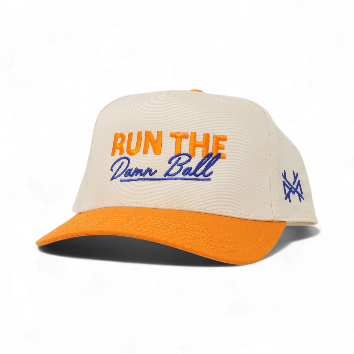 Run The Ball Funny Embroidered Trucker Hat in Retro Orange/Natural with Blue Thread – Ivy + Cloth