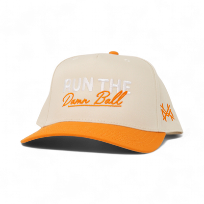 Run The Ball Funny Embroidered Trucker Hat in Retro Orange/Natural with White Thread – Ivy + Cloth