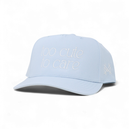 Too Cute To Care Funny Embroidered Trucker Hat in Retro Sky Blue – Ivy + Cloth