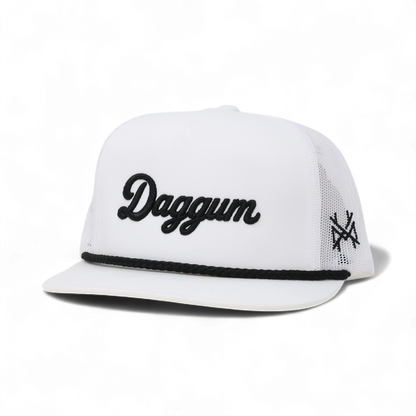 Daggum Funny Embroidered Trucker Hat in Flat Bill White with Black Rope – Ivy + Cloth