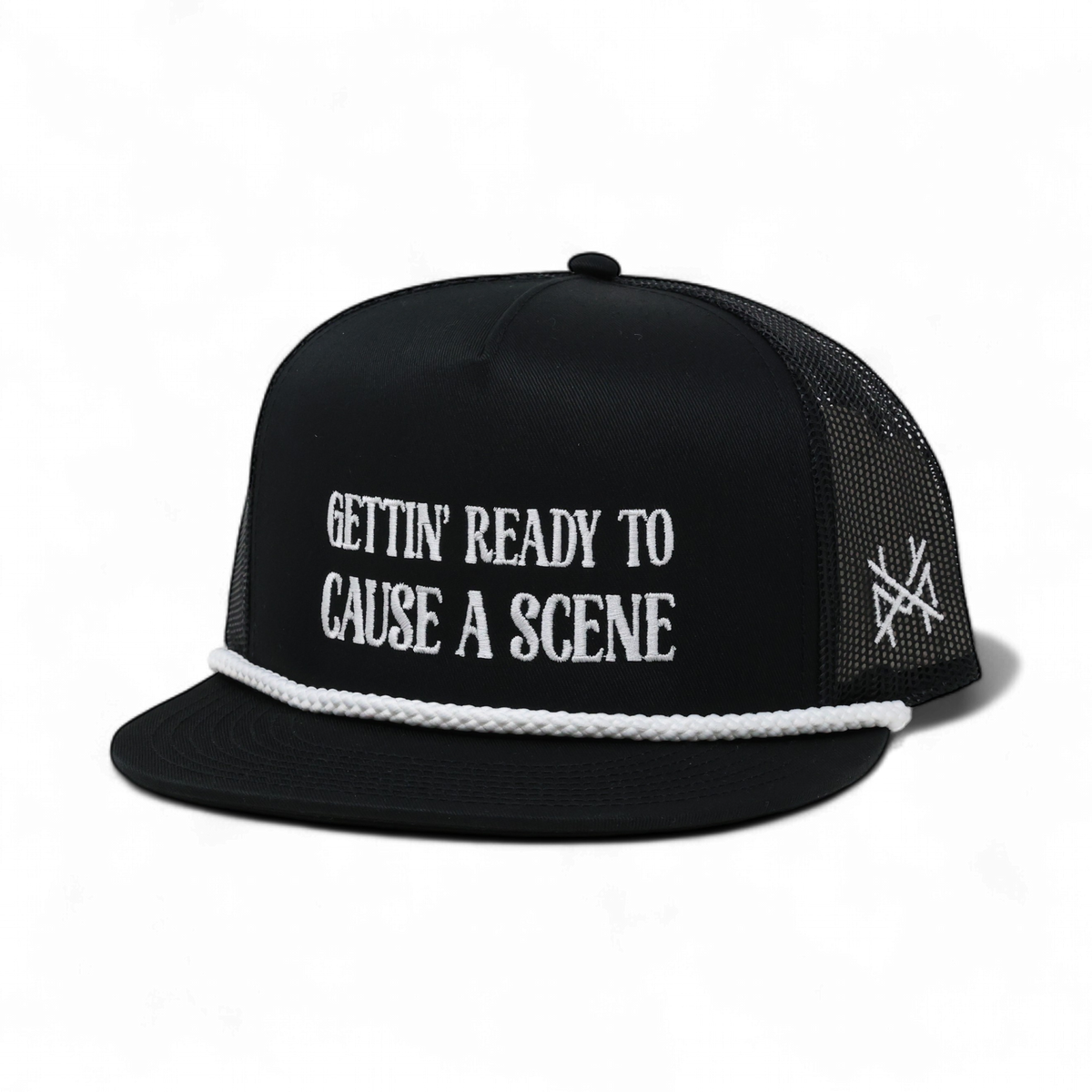 Cause A Scene Funny Embroidered Trucker Hat in Flat Bill Black with White Rope – Ivy + Cloth