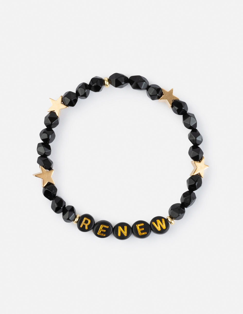 Elevated Faith Christian Jewelry Bracelet with black beads and gold stars spelling RENEW