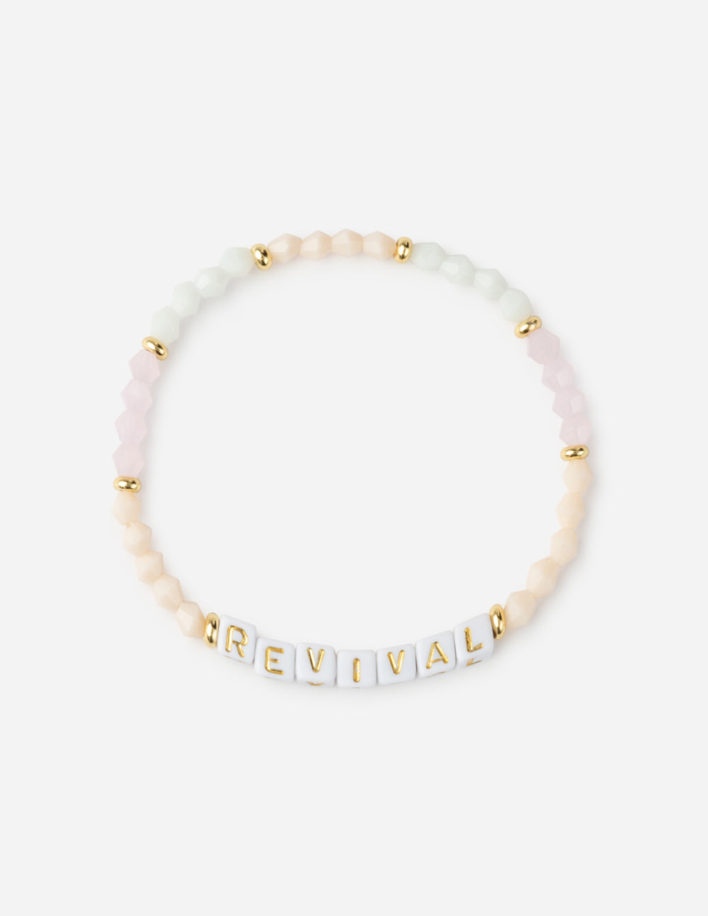 Elevated Faith Christian Jewelry Bracelet with pastel beads and white letter beads spelling REVIVAL