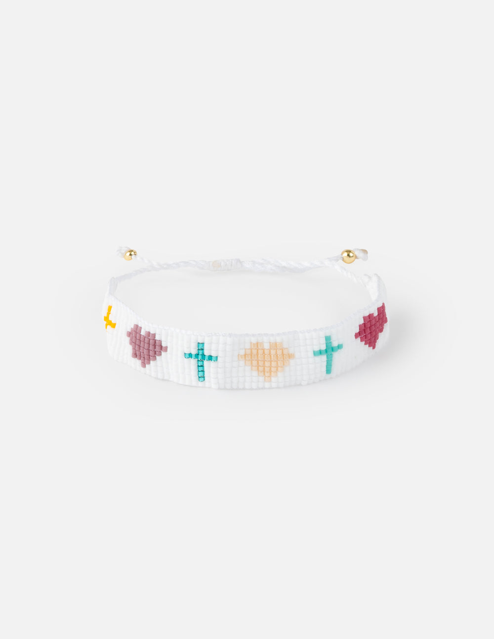 Elevated Faith Christian Jewelry Bracelet Featuring Colorful Cross and Heart Designs on a White Base