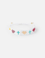 Elevated Faith Christian Jewelry Bracelet Featuring Colorful Cross and Heart Designs on a White Base