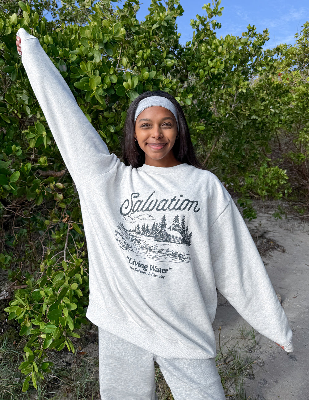 Elevated Faith Christian Crewneck Sweatshirt in Gray featuring 'Salvation' graphic for casual wear
