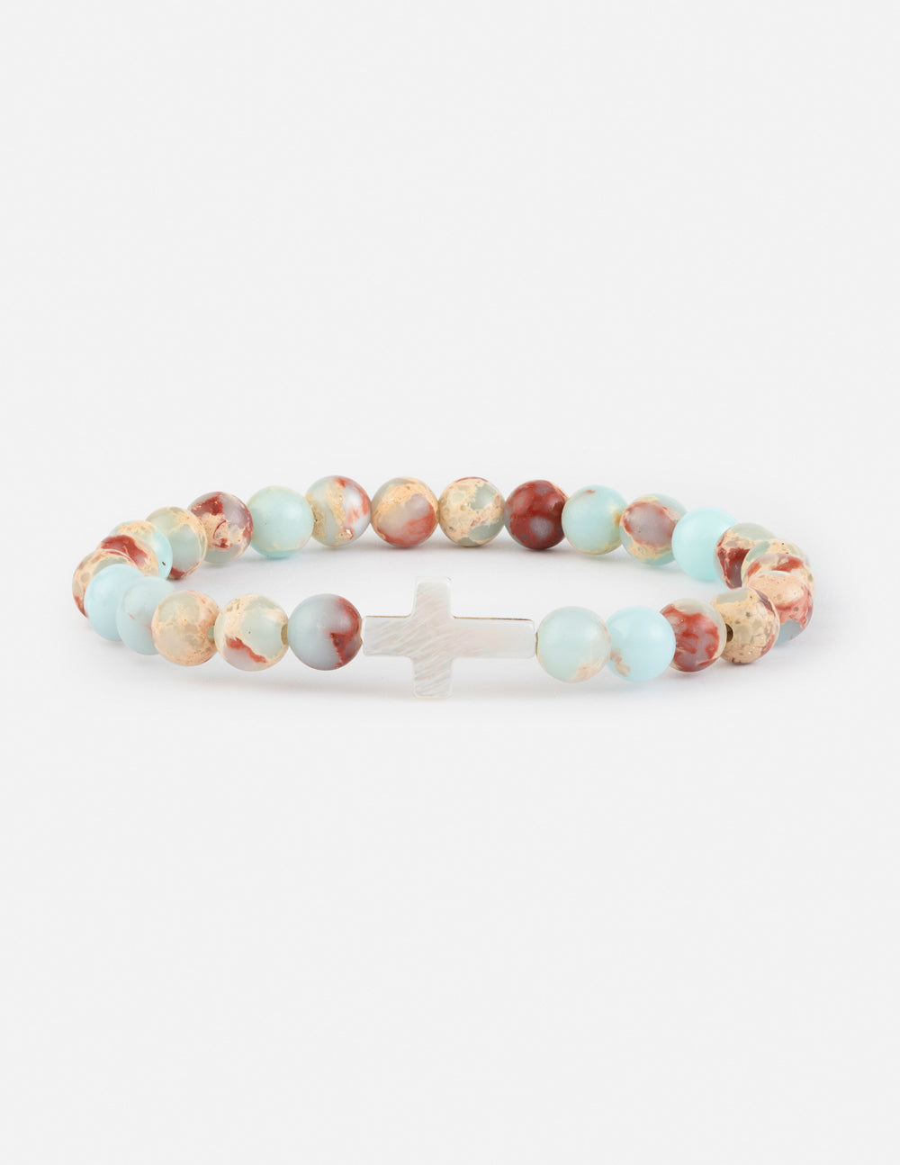 Elevated Faith Christian Jewelry Bracelet featuring multicolored stone beads and a silver cross centerpiece