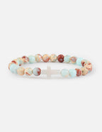 Elevated Faith Christian Jewelry Bracelet featuring multicolored stone beads and a silver cross centerpiece